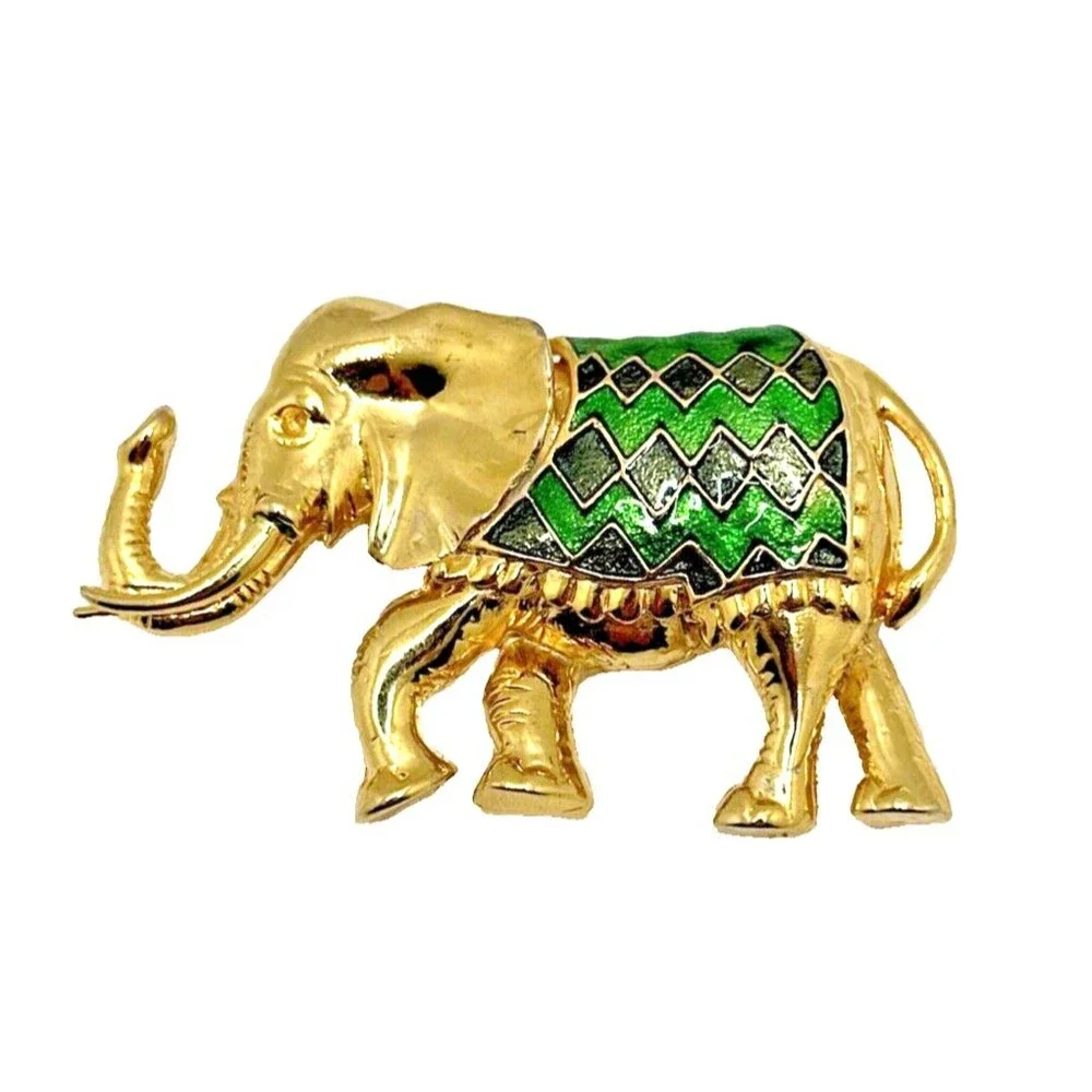 Vintage Indian Elephant Brooch Diamond Pattern Green Enamel Gold Tone Pin 3